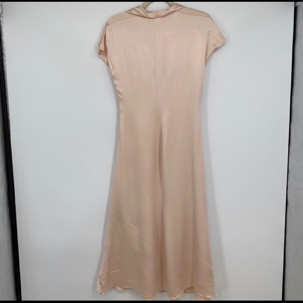 Ralph Lauren Gathered Silk Champagne Plunging Dress Short Sleeves Collared Gown - Picture 8 of 12